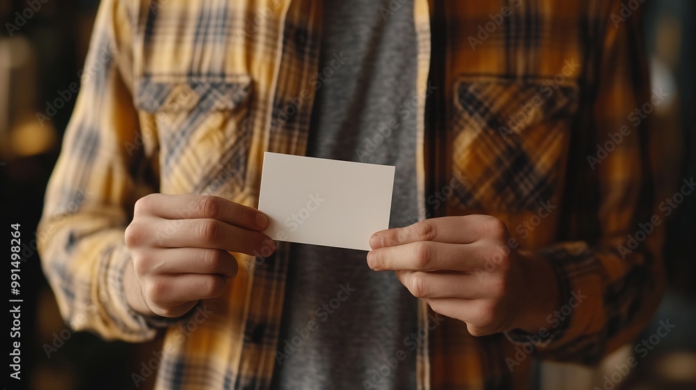 Wall mural Young man who takes out blank business card from the pocket of his shirt : Generative AI