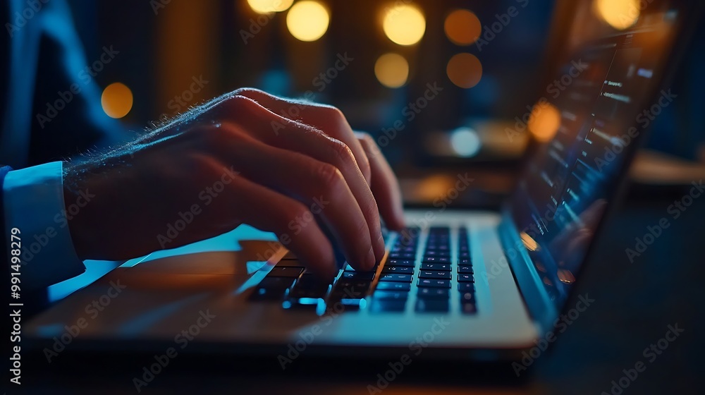 Leinwandbilder Closeup photo of male hands with laptop Man working remotely at home Concept of networking or remote work Global business network : Generative AI