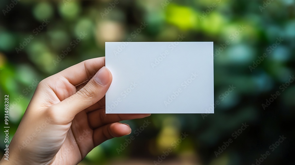 Aufkleber Hand hold blank plain white business card design mockup Clear calling cards mock up template holding arm Visit pasteboard paper surface display front Check small offset print Business  : Generative AI