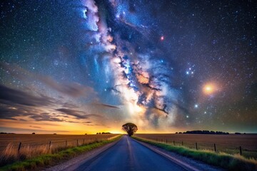 night, A breathtaking view of a starry sky with the milky way stretching across the horizon over a peaceful road in the countryside creating a mesmerizing depth of field effect
