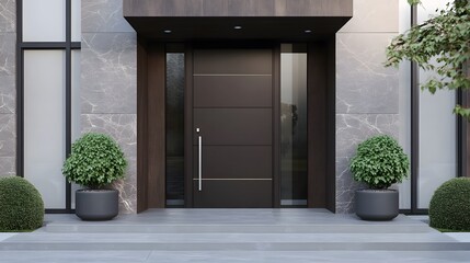 A modern front door with dark wood and glass