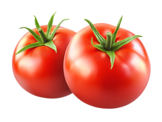 two tomatoes with green stems