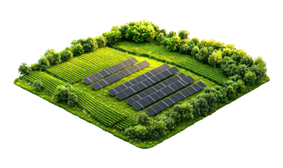 Field of solar panels nestled in a lush green meadow isolate on transparent background, png, cutout