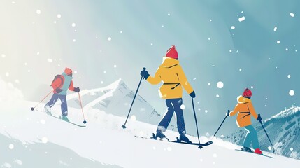 A family skiing down a snowy slope, wearing colorful winter gear. 