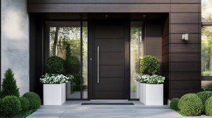 A modern front door with dark wood and glass