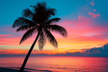 silhouette of palm tree against sunset on beach