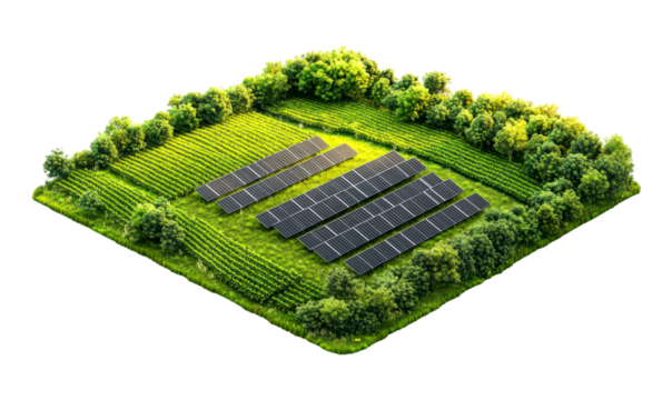 Field of solar panels nestled in a lush green meadow isolate on transparent background, png, cutout