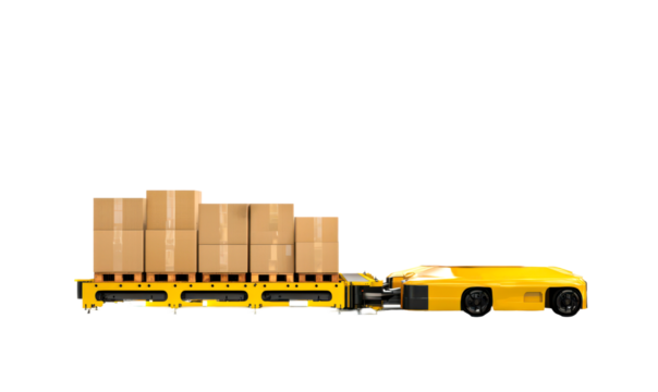 Modern automated vehicle transporting a load of boxes in a warehouse setting isolate on transparent background, png, cutout