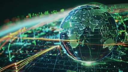 A 3D polygonal globe spins in the center, growing stock market chart graph world. polygons light up and grow taller with data points, stock growth in various countries, 4k stock market Animation Video - Powered by Adobe