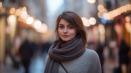 Fototapeta premium A young woman stands in a charming street adorned with lights, wearing a warm scarf and a cozy sweater. The atmosphere is vibrant with people passing by as evening sets in.