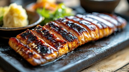 Close-up of a perfectly grilled unagi fillet, glazed with a thick, sweet soy-based sauce, served with traditional Japanese sides.