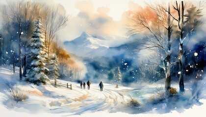 Artistic depiction of a winter storm watercolor effects in snowy scenery