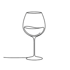 A wine glass is drawn in black and white. The wine glass is half full and has a stem