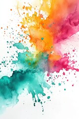 Obraz premium An abstract watercolor artwork featuring a vibrant explosion of multicolored splashes, with dynamic shapes and vivid hues on a white background.