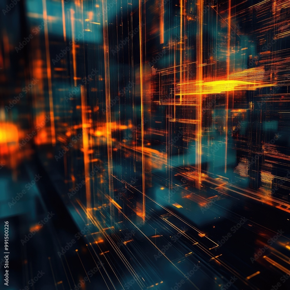 Poster dynamic abstract background with vibrant orange and blue lines, representing technology and data flo