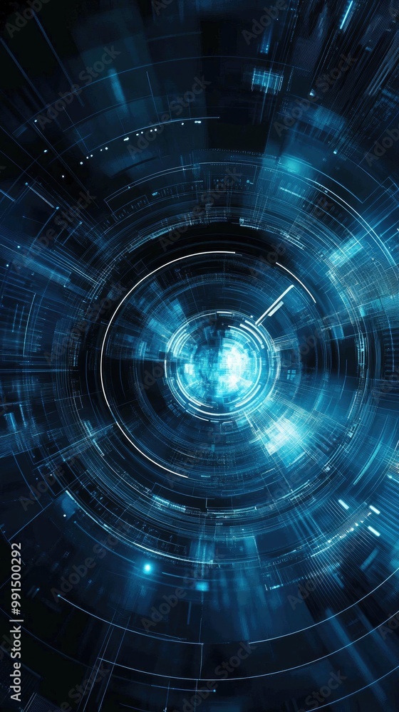 Poster abstract technology background showcasing a futuristic digital sphere with glowing effects and circu