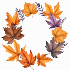 A beautiful wreath made of colorful autumn leaves, white isolated background
