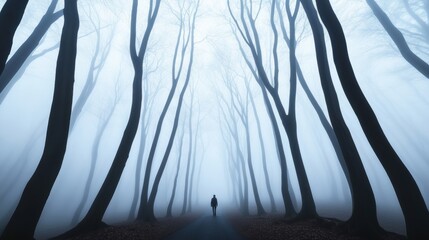 Obraz premium A person walking through a foggy forest with trees, AI