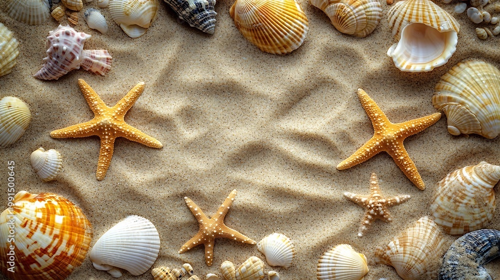Aufkleber Top view of a sandy beach texture with imprints of exotic seashells and starfish as natural textured background : Generative AI