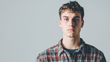 Obraz premium Thoughtful young adult male in casual plaid shirt looks away with a pensive focused expression as if deep in thought or contemplation