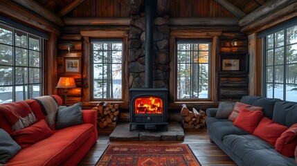 Rustic cabin living room with a wood stove and plush chairs