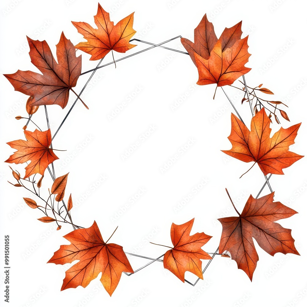 Poster autumn leaves arranged in a circular pattern on a white background.