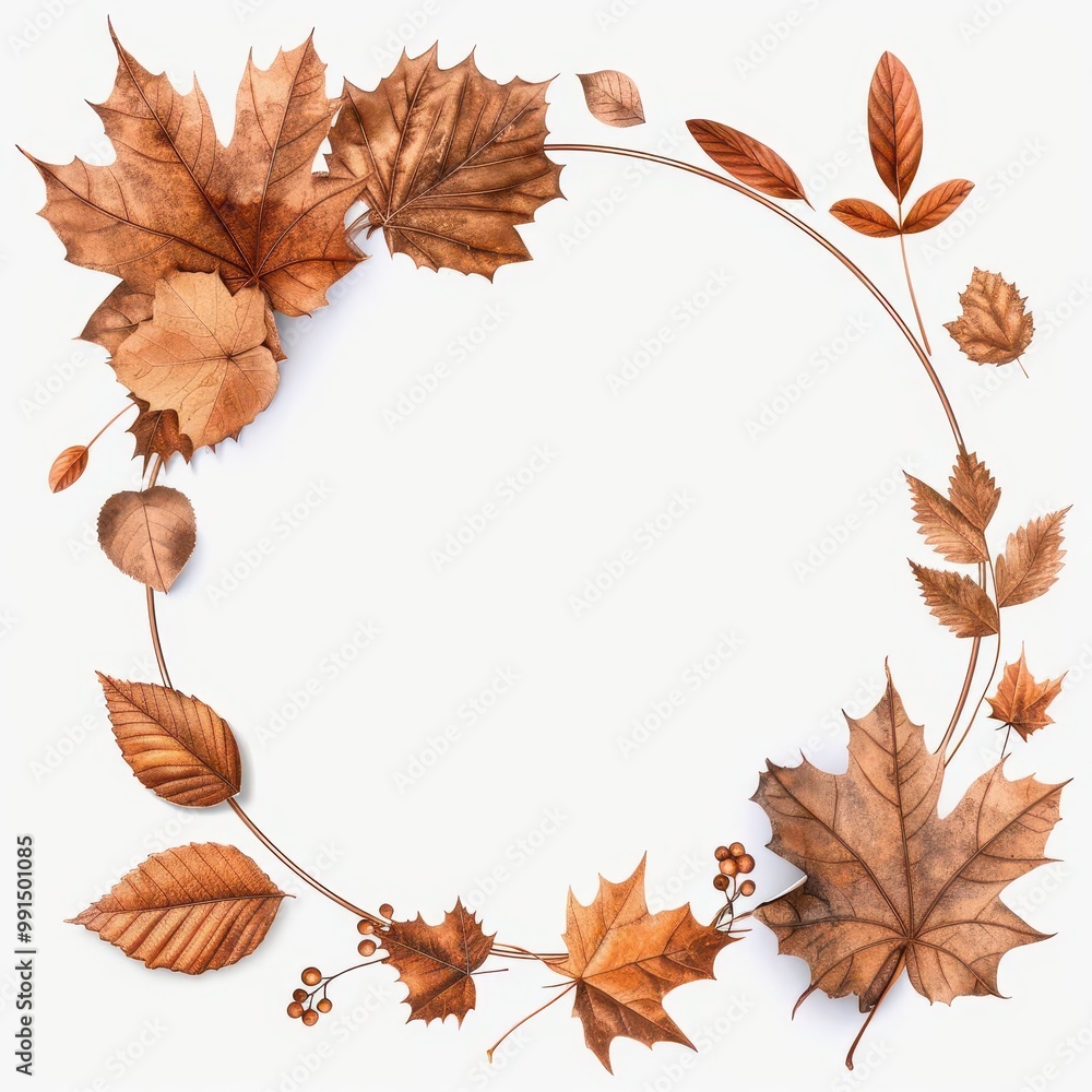 Aufkleber autumn leaves arranged in a circular frame on a white isolate background.