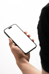 Hand holding smartphone mockup as png photo with blank screen isolated on white background. mobile...