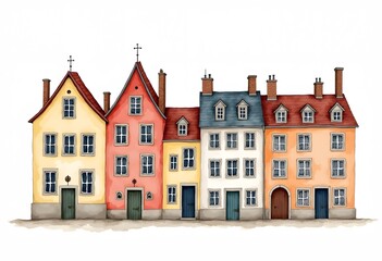Fototapeta premium Set of houses. Watercolor hand painted illustration 