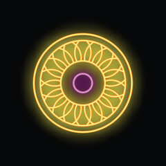 Round ornamental neon sign glowing in the dark with a beautiful purple and yellow light