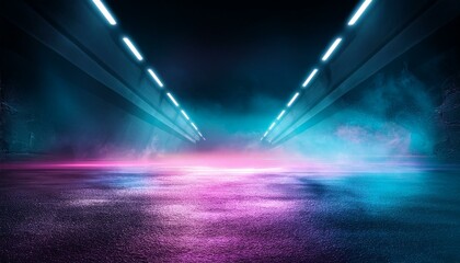Background of empty room, street, neon light, smoke, fog, asphalt, concrete floor