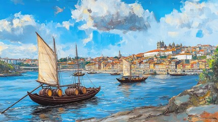 View of Porto skyline and Douro River with sailing boats carrying port wine barrels, seen from Marginal de Gaia riverfront