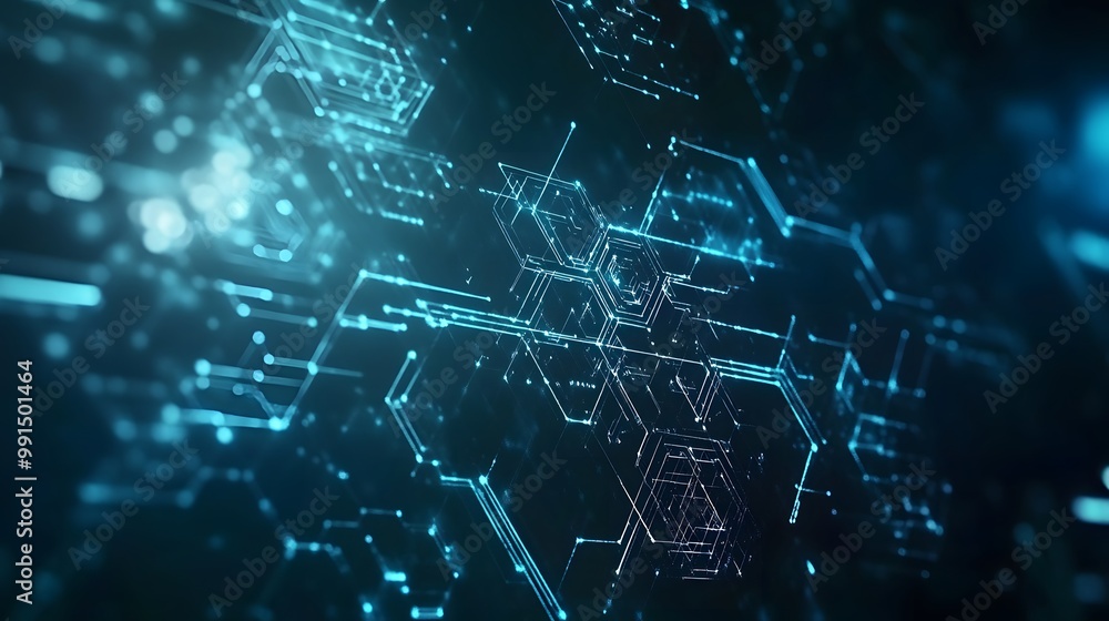 Poster abstract digital network with glowing blue lines and hexagonal patterns