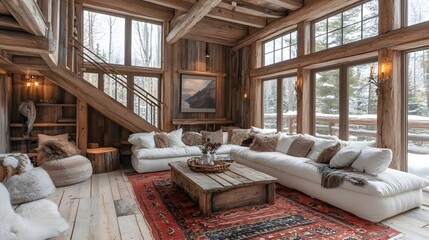 Cozy cabin living room with natural materials and wooden furniture