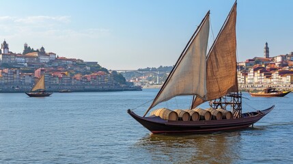 View of Porto skyline and Douro River with sailing boats carrying port wine barrels, seen from Marginal de Gaia riverfront