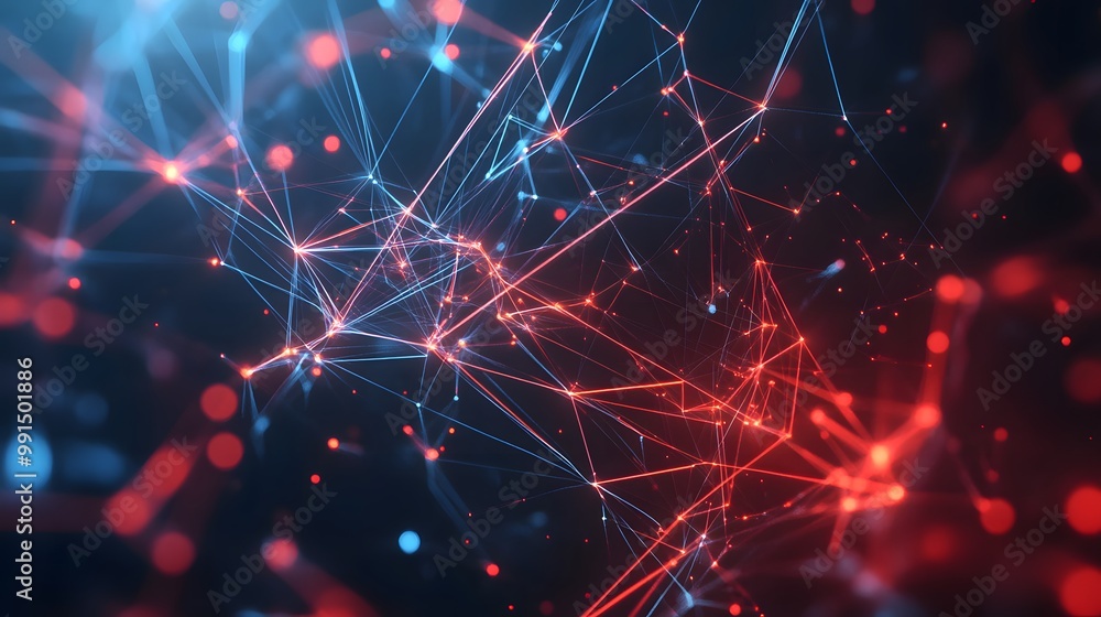 Poster abstract network with red and blue lines and glowing dots