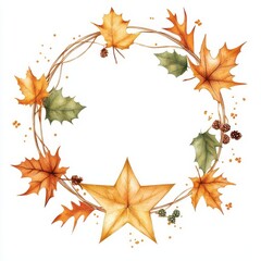 Fototapeta premium Autumn leaves wreath with star, white isolated background.