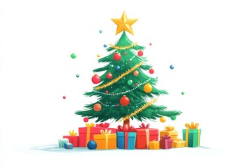 Christmas tree with ornaments, tinsel, shining star, and colorful gifts on white background