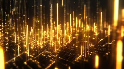 A futuristic 3D gold graph with glowing golden lines and candlesticks, displaying the rise and fall of gold prices in a digital trading environment.