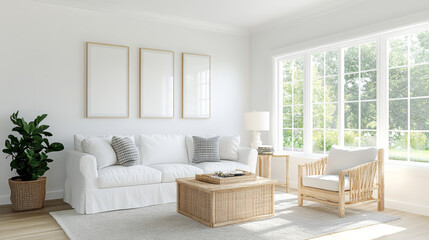 Fototapeta premium A bright and airy living room featuring white sofa, rattan chair, and coffee table. large windows allow natural light to fill space, creating warm and inviting atmosphere
