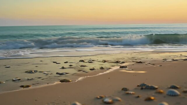 Gentle waves lap against the shore as the sun rises, illuminating the beach with warm hues. Scattered seashells lie on the damp sand, creating a peaceful atmosphere