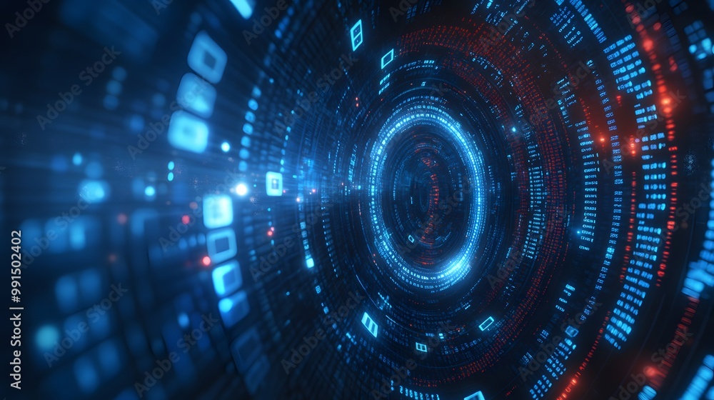 Aufkleber abstract digital data tunnel with glowing blue and red lines and squares