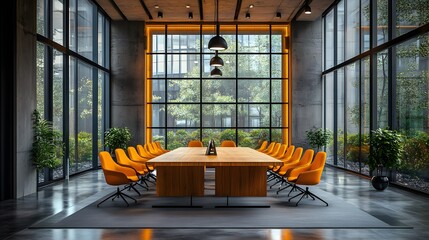 Modern office layout with long tables and group workspaces