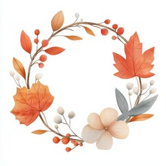 Autumn-themed floral wreath with orange leaves and berries, white isolated background.