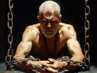 Aging warrior in chains: portrait of strength, endurance, and resilience in raw light