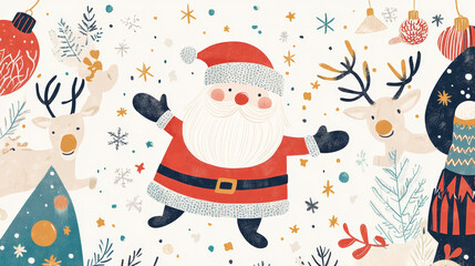Cheerful Santa Claus surrounded by festive elements like reindeer, snowflakes, and Christmas decorations, creating joyful holiday atmosphere