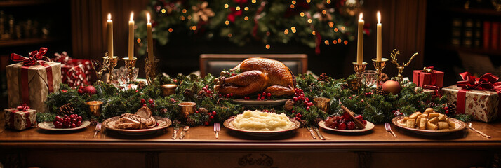 A beautifully arranged festive dinner table featuring roasted turkey, mashed potatoes, and various side dishes, all adorned with holiday decorations and candles, creating warm and inviting atmosphere