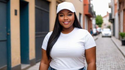 Plus size young black woman wearing white t-shirt and white baseball cap standing in a city alley