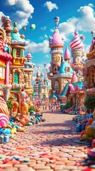 Fototapeta premium A whimsical candy-themed town with colorful structures, sweet decorations, and a vibrant sky, perfect for children's illustrations.
