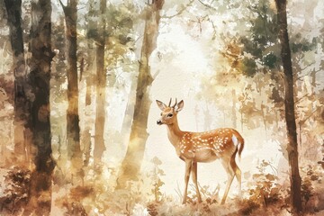 Watercolor illustration of a deer standing gracefully in a vibrant green forest, surrounded by lush foliage.